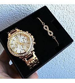 Bayan Kol Saati Altın Renk Metal Kordon Kadın Saat Sonsuzluk Bileklik Kombini Sevgiliye Hediye Anneler Günü Doğum Günü Hediyesi